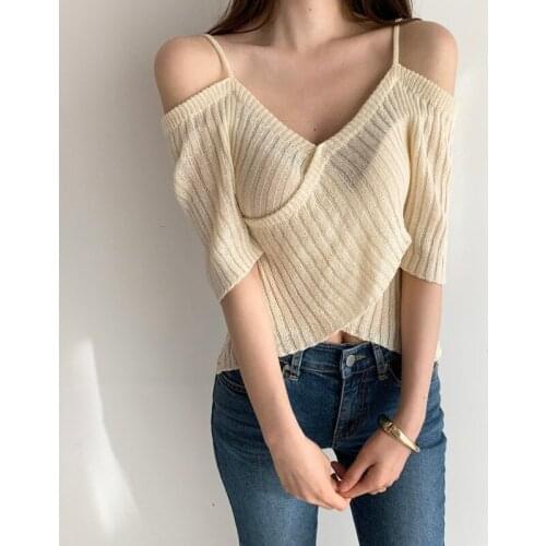 Korean Short Sleeve Shirt 2021 Summer New Elegant Blue Fashion Age Reducing Girls' Blouse Knitted Camisole Tops for Women 15581
