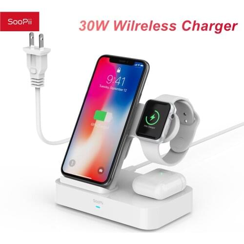 SooPii Wireless Charger,4 in 1 Qi Induction Charging Station with Built-in AC Adapter for Apple Watch Airpods iPhone 12 Galaxy