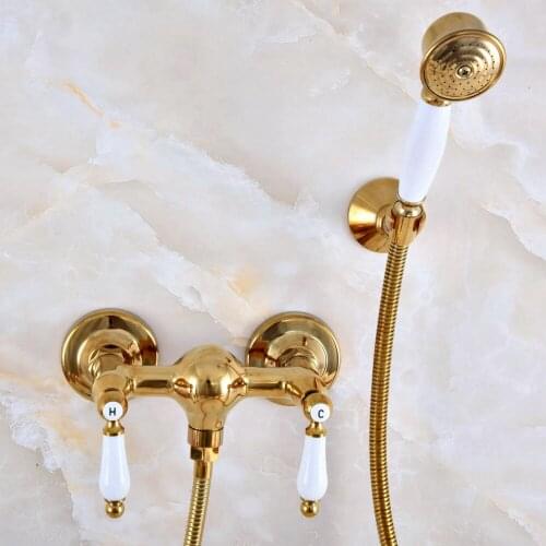 Modern Polished Gold Color Brass Wall Mount Bathtub Faucet with Handheld Shower Set +1.5M Hose Mixer Tap 2na985