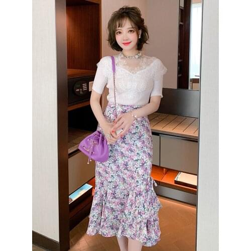 Top Quality High waist stitched Ruffle fishtail hem sexy split flower skirt new for summer