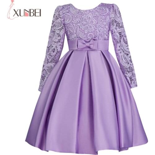 Lace Purple Flower Girl Dresses 2020 Long Sleeve With Bow Sash Princess Ball Gown Knee Length Dresses Pageant Dresses For Women