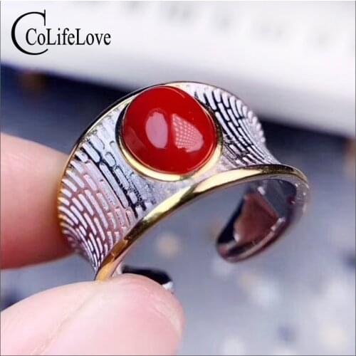 CoLife Jewelry Red Coral Ring for Man 7mm*9mm Natural Italian Coral Man Ring 925 Silver Red Coral Jewekry for Man Boyfriend Gift