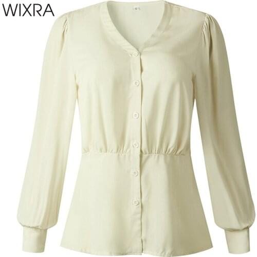 Wixra Womens Solid Blouses Elegant V Neck Stylish Button Tops Long Lantern Sleeve Shirts For Summer