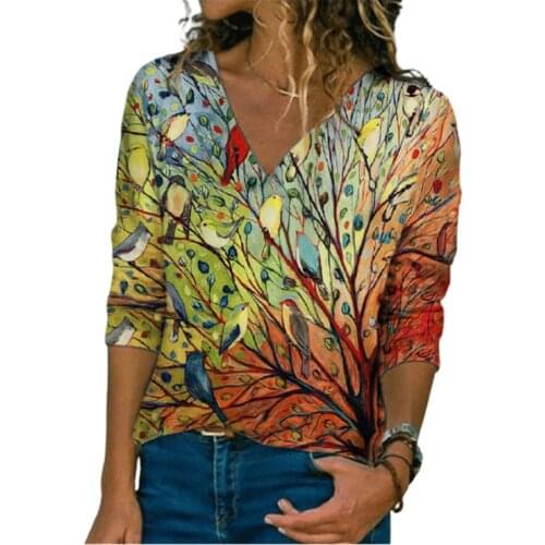 2021 New Spring Autumn Women Floral Print T Shirt Casual Streetwear Fashion Female V-Neck Long Sleeve Large Size Tops 4XL 5XL