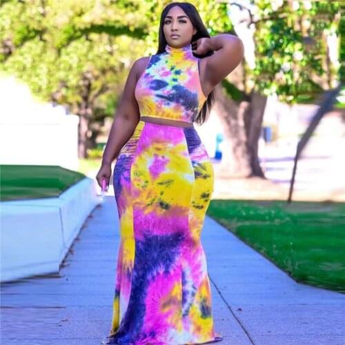 Women Party Clubwear Casual High Street Two Piece Sets Colorful Print Tie Dye Turtleneck Off Shoulder Tanks Top Skinny Skirts