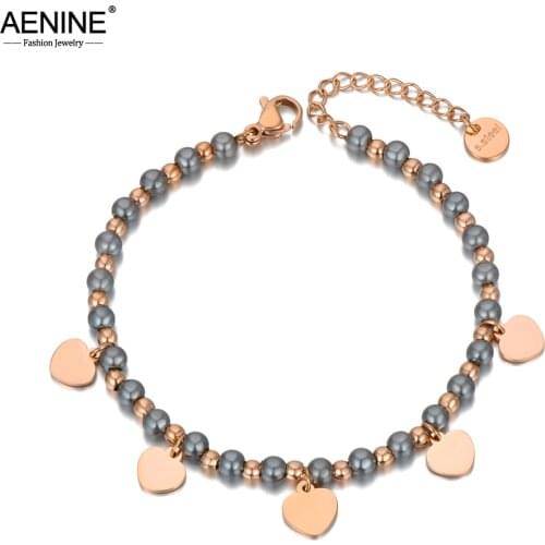 AENINE Bohemia Titanium Stainless Steel Pearl Beaded Bracelets For Women Trendy Heart Charm Bracelet Jewelry браслет AB20116
