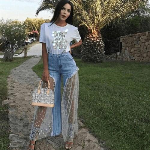 Casual Lace Mesh Sequin Star Spliced Jeans Women Sexy Ripped Burr Tansparent High Waist Jeans Elegant Denim Wide Leg Long Pants