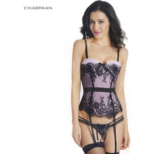 Charmian Womens Valentines Day Bustier Sexy Waist Cincher Lace Mesh Push Up Boned Corset Bustier Lingerie