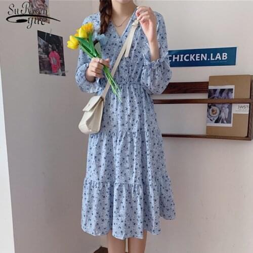 2021 Spring Printed Elastic Waist V-neck Mid-length A-line Dress Vintage Petal Long Sleeve Women Dresses Floral Jupe Femme Chic