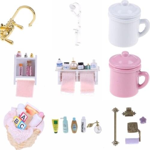 1:12 Miniature Bathroom Bath Shower Faucet Towel Rack Dish Toiletries Baskets Dollhouse Miniature Faucet Bathroom Accessories
