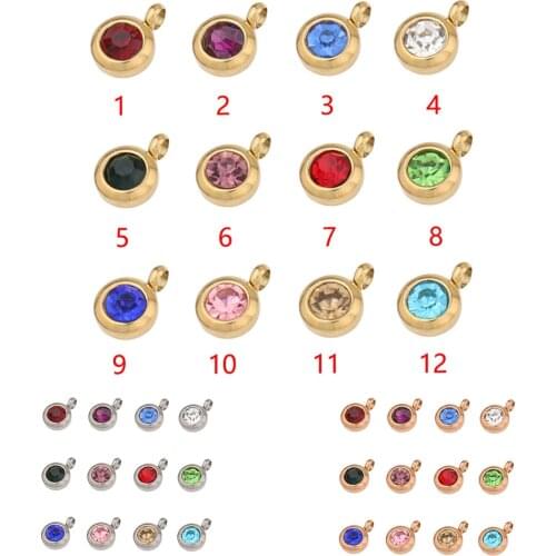 12pcs Birthstone Silver Color Rose Gold Color DIY Birthday Stones 12 Months Stainless Steel Size 6*9mm Charms Pendants