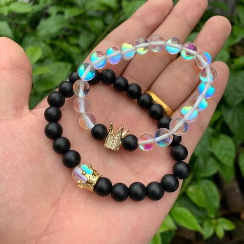2pcs/set King Queen CZ crown love couples bracelet stone white Crystal Moonstone beads Bracelets Bangle for women accessories