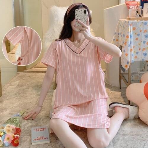 2021 Maternity Breastfeeding Nightgowns 2021 Women Short Sleeve Sleepwear Nightie Mother Nightwear Pregnant Stripe Nursing Dress