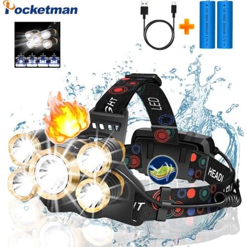 80000LM Powerful LED Headlamp 5 LED T6 Headlamp Best Headlamps Head Flashlight Waterproof 18650 Head Torch Camping Lantern