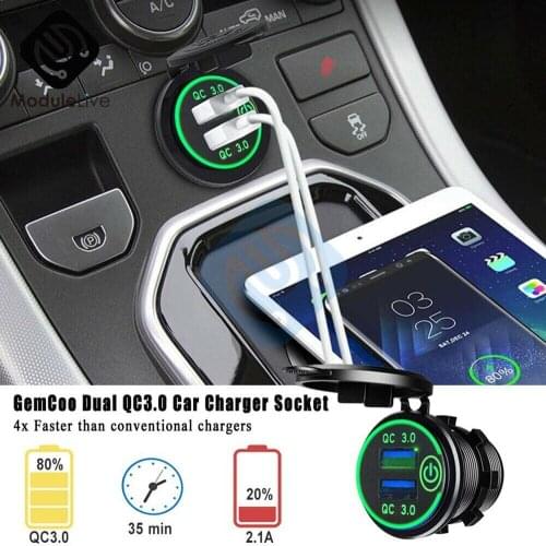 Car Charger Socket DC 12V QC 3.0 Dual USB Port Volt Display Phone Fast Quick Charge Charging with Switch for Car Motorcyc