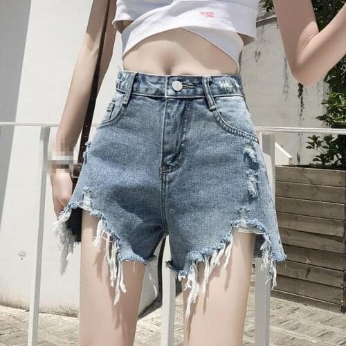 B4149 2020 High waist new women slim irregular denim shorts summer do old rough edge wide leg ripped hot shorts cheap wholesale