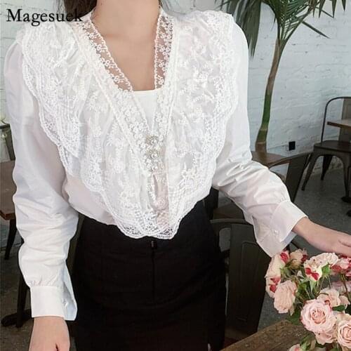 New V Neck Lace White Blouse Women Casual Crochet Lace Patchwork Ladies Tops Elegant Long Sleeve Cotton Button Femme Shirt 13299