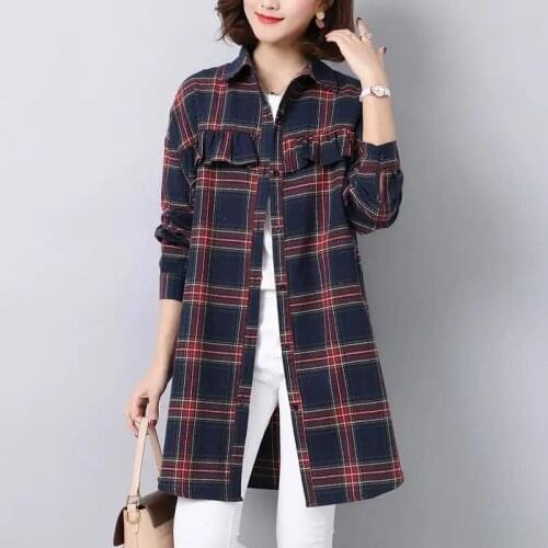 Spring Autumn Style Cotton Blouses Women Shirt Button Plaid Turn-down Collar Long Sleeve Elegant Vintage Long Sleeve Tops LU2094