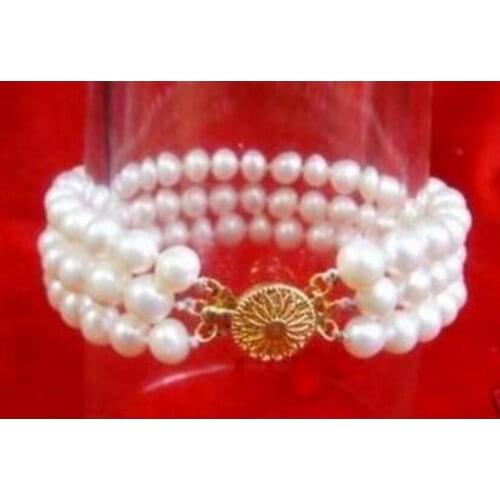 Eautiful 3 rows 7-8mm white freshwater pearl bracelet 7.5"