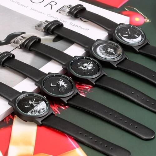 Lovely Astronaut Series Watch Men Women Quartz Black Watch Simple Dial Leather Band Best Clock Anniversary Gift for Husband Wife