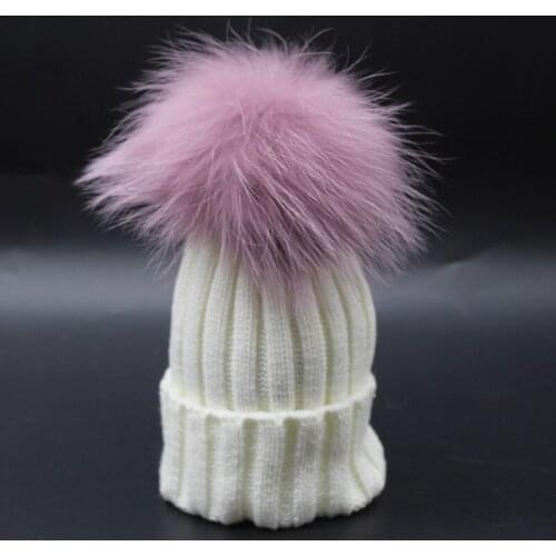 Kids colorful pom pom super big beanies for children knitted dyed genuine racccoon fur girl boy child white beanies knitted hat