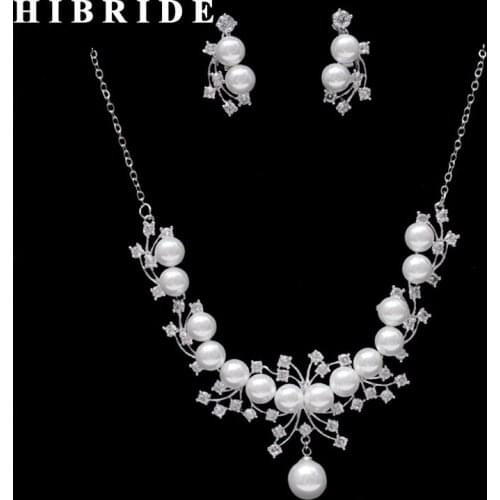 HIBRIDE New Design Long Chain CZ And Pearl Pendant Necklace Earring Set Bridal Jewelry Sets Dress Accessories N-265