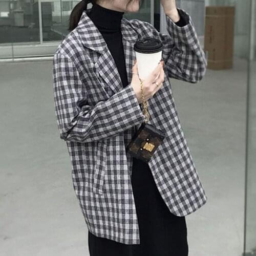 Korean Spring Autum Loose Casual Retro Plaid Suit Jacket Female Student Short Blazer British Daliy Office Pockets Formal Coat
