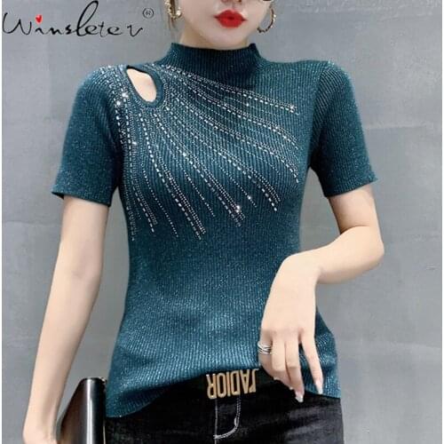 Summer European Clothes Knit T-shirt Sexy Hollow Out Fashion Shiny Diamonds Women Tops Slim Bottoming Shirt Tees 2021 T13503A