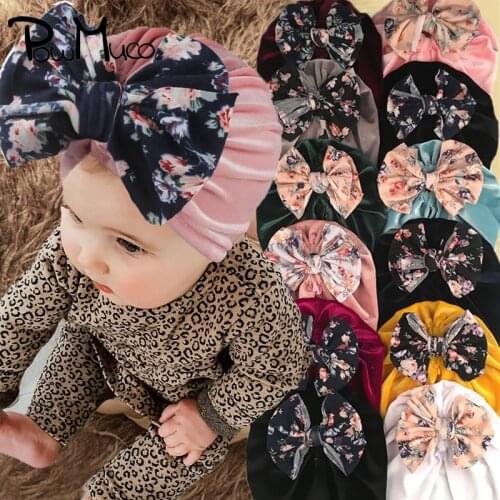 Powmuco 19*17 CM Fashion Soft Gold Velvet Toddler Warm Cap Colorful Flowers Pattern Bowknot Infant Hats Cute Print Bows Headwear