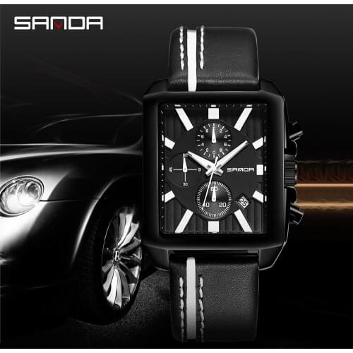 SANDA Hot Fashion Western Sports Style Waterproof Men Watch Six Needles Square Timer Premium Quartz Movement Leather Strap P5003