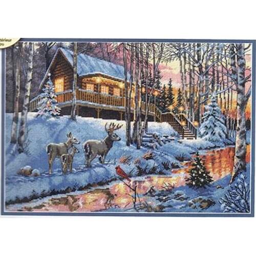 14/18/11CT sky blue/DARK BLUE Counted Cross Stitch Kit Winter Cabin Chalet Hut Snow Deer and River Brook Creek dim 08976