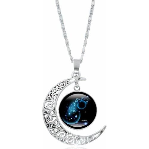 Constellation Moon Necklace Alloy Astrology Galaxy Crescent Moon Pendant Zodiac Star Glass Bead Couple Neck Jewelry TT@88