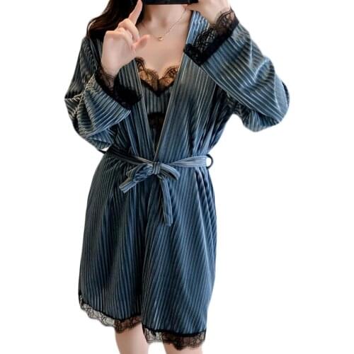 2Pcs Sexy Women Lace Patchwork Strappy Dress Long Sleeve Belt Robe Sleepwear Set Xmas gifts shein детская одежда homewear mujer