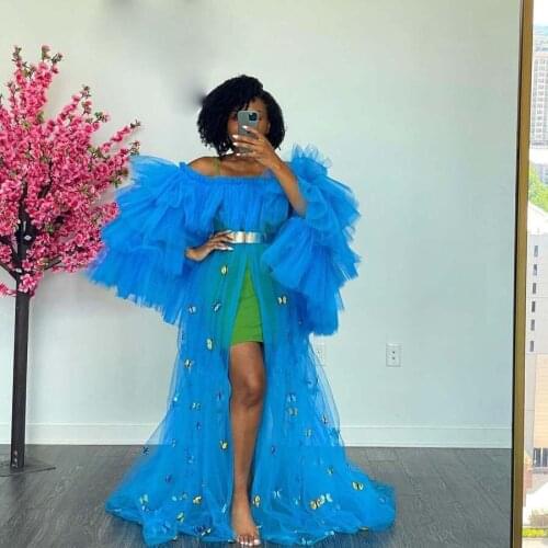 Sexy Tulle Tiered Party Dress With Butterfly Ruffles Blue Mesh Party Gowns Dressing Off Shoulder vesrido de fiesta longo 2021