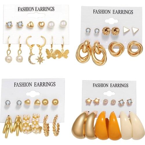 New Korea Fashion Pearl Crystals Earrings Set For Women Geometirc Gold Metal Circle Hoop Earrings Brincos Party Trend Jewelry