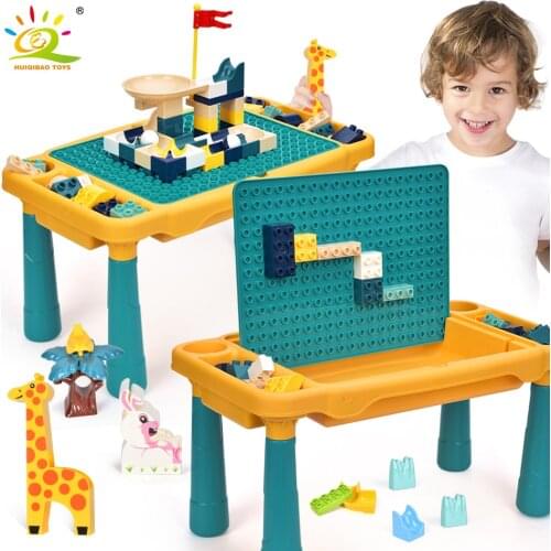 HUIQIBAO Big Size Building Blocks City Multifunctional Desk Chair Bricks Study Learning Table Painting Board Toys For Children