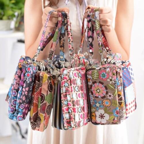 Cartoon three-layer zipper fabric printing female new coin purse bag mobile phone bag wallet