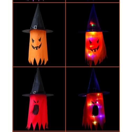 Halloween Decoration Glowing Witch Hat Venue Layout Props Wizard Hat with Skirt Ghost Pendant Halloween Decoration Hat Lamp