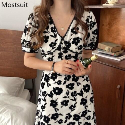 Vintage Chic Floral Printed Dress Women Summer Short Sleeve V-neck A-line Midi Dresses Korean Elegant Party Vestidos Femme 2021