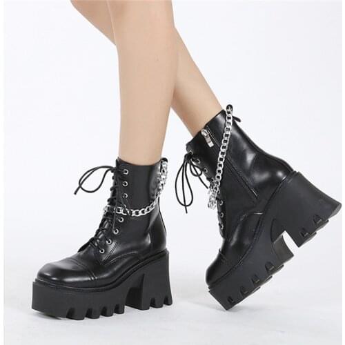 Zip Ankle Boots For Woman Gothic Black Sexy Chain Chunky High Heels Platform Boots Female Punk Boots Lace-up Shoes 2021 Dropship