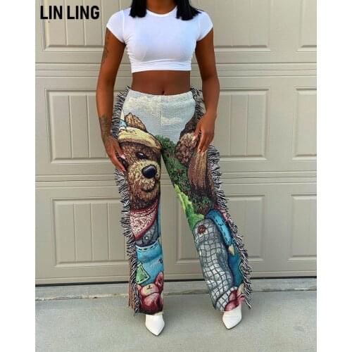 LINLING Street Style Stylish Cartoon Print Tassel Design Green Pants Women Trousers pants for women