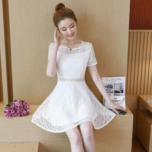 2021 fashion new summer lady temperament western style lace short-sleeved round neck stitching casual womens dress