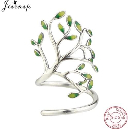 Jisensp 100% 925 Sterling Silver Drop Glaze Leaves Open Rings for Women Handmade Prevent Allergy Sterling-silver-jewelry Ring