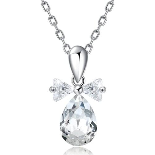 ZEMIOR S925 Sterling Silver For Women Bowknot Water Drop Pendant Necklace Pure High Quality Austria Crystal Bowknot Fine Jewelry
