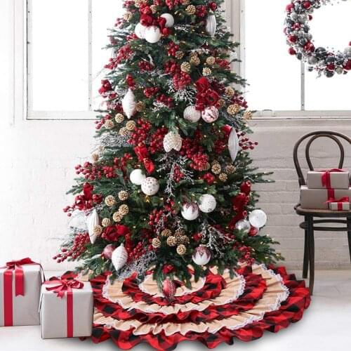 116cm Round Plaid Lace Carpet Christmas Tree Cake Skirt Cover Home Decoration