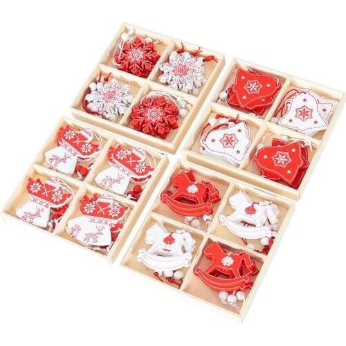 12pcs/box Wood Hanging Pendant Wooden Christmas Tree Decorations Xmas Ornaments for Home Tree Wedding Decor for New Year 2021