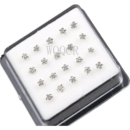 WQQCR 20PCS Pin Body Jewelry Crystal Flower Nose Ring For Women Cute Nose Piercing Nose Stud Nail Earrings Gift