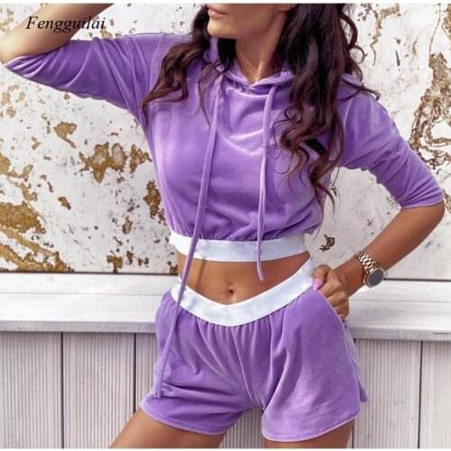 2021 Casual Sports Solid Color Womens 2-Piece Casual Wear Sports Hoodie Lace-Up Top + High-Waist Shorts Womens Sportswear