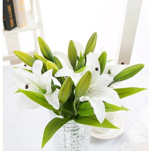 3 Heads Real Touch Artificial lily Flowers Wedding Bridal Silk Fake flower Bouquet white lily Plants Christmas Home Party Decor