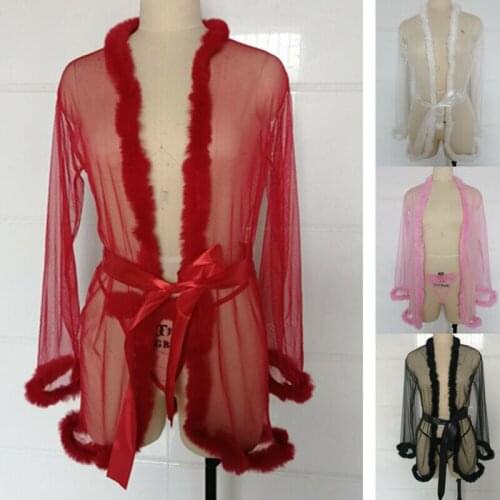 3pcs Women Sexy Lingerie Babydoll Long Sleeve Feather Robes and G-String Sets with Belt Ladies Underwear Nightwear Exotic Sets